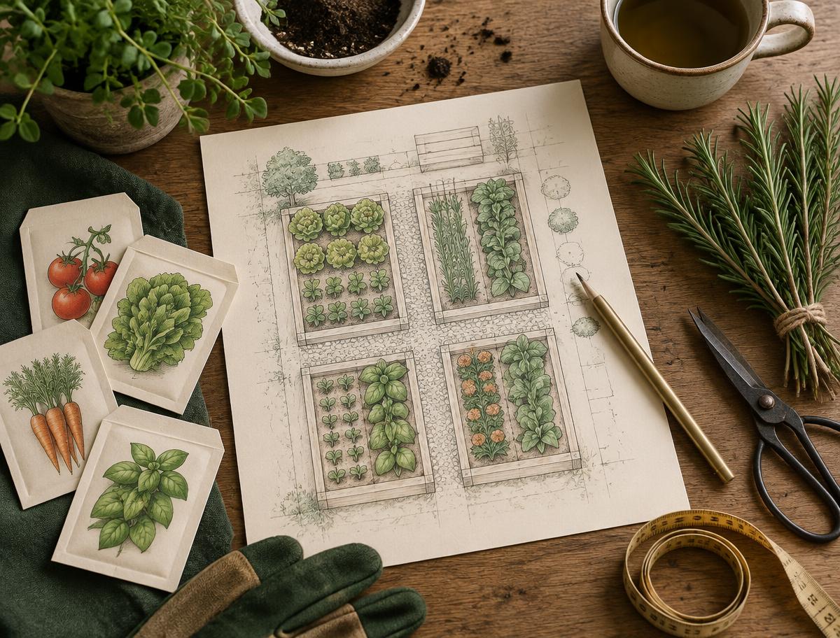 Raised bed garden plan with seeds and measuring tools