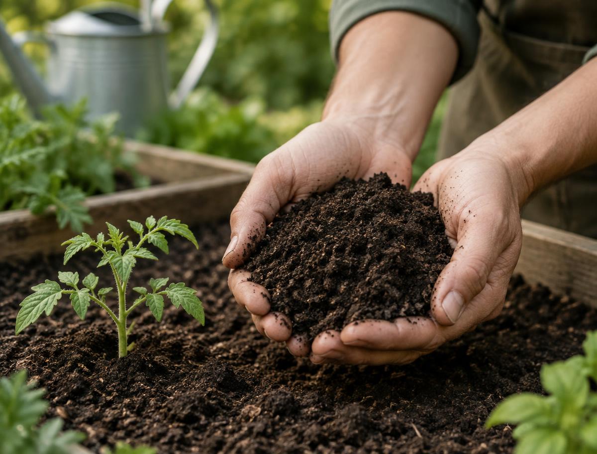 Healthy garden soil held above a raised bed